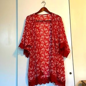 Maurices Red Kimono with Lace and flower Detail. Size S.